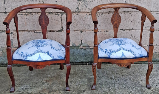 Pair Antique Vintage Old Reclaimed Salvaged Solid Mahogany Wood Wooden Barrel Club Foyer Dining Side Accent Armrest Armchairs Fabric Seats