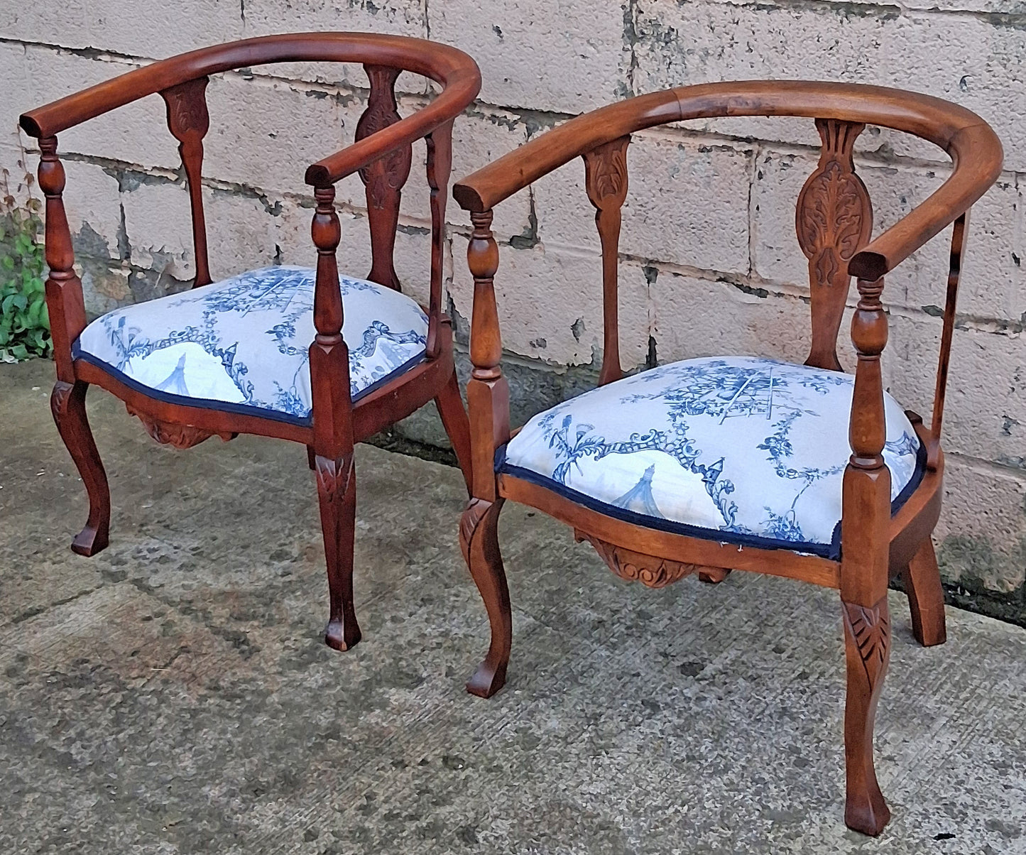 Pair Antique Vintage Old Reclaimed Salvaged Solid Mahogany Wood Wooden Barrel Club Foyer Dining Side Accent Armrest Armchairs Fabric Seats