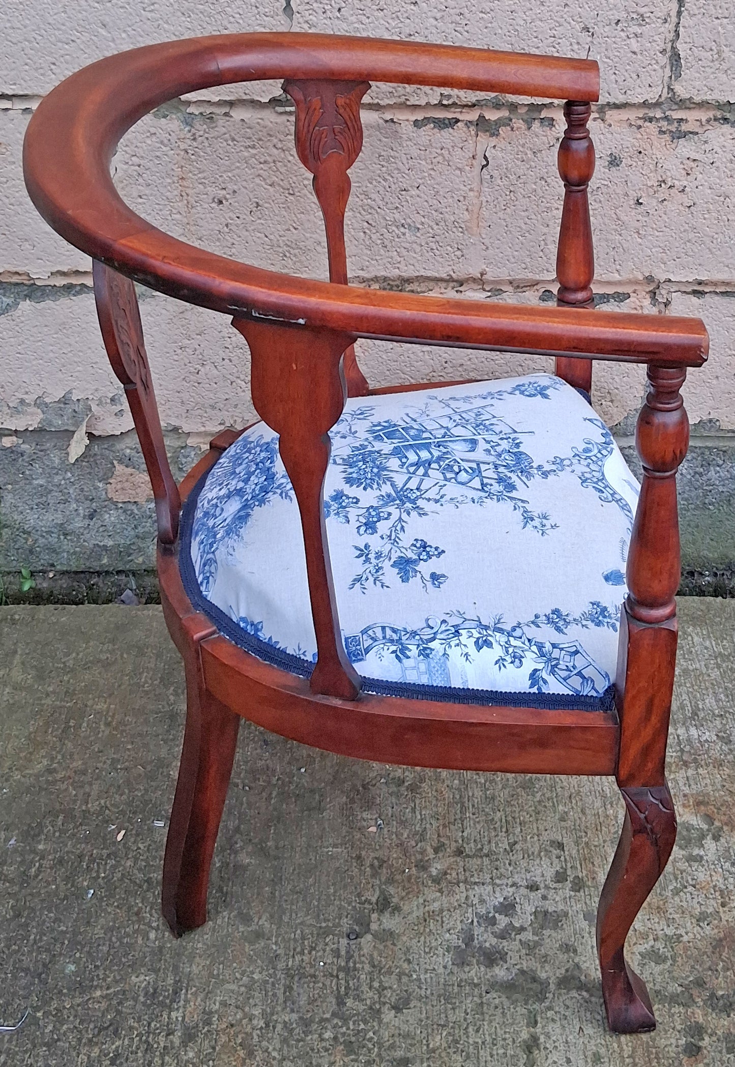 Pair Antique Vintage Old Reclaimed Salvaged Solid Mahogany Wood Wooden Barrel Club Foyer Dining Side Accent Armrest Armchairs Fabric Seats