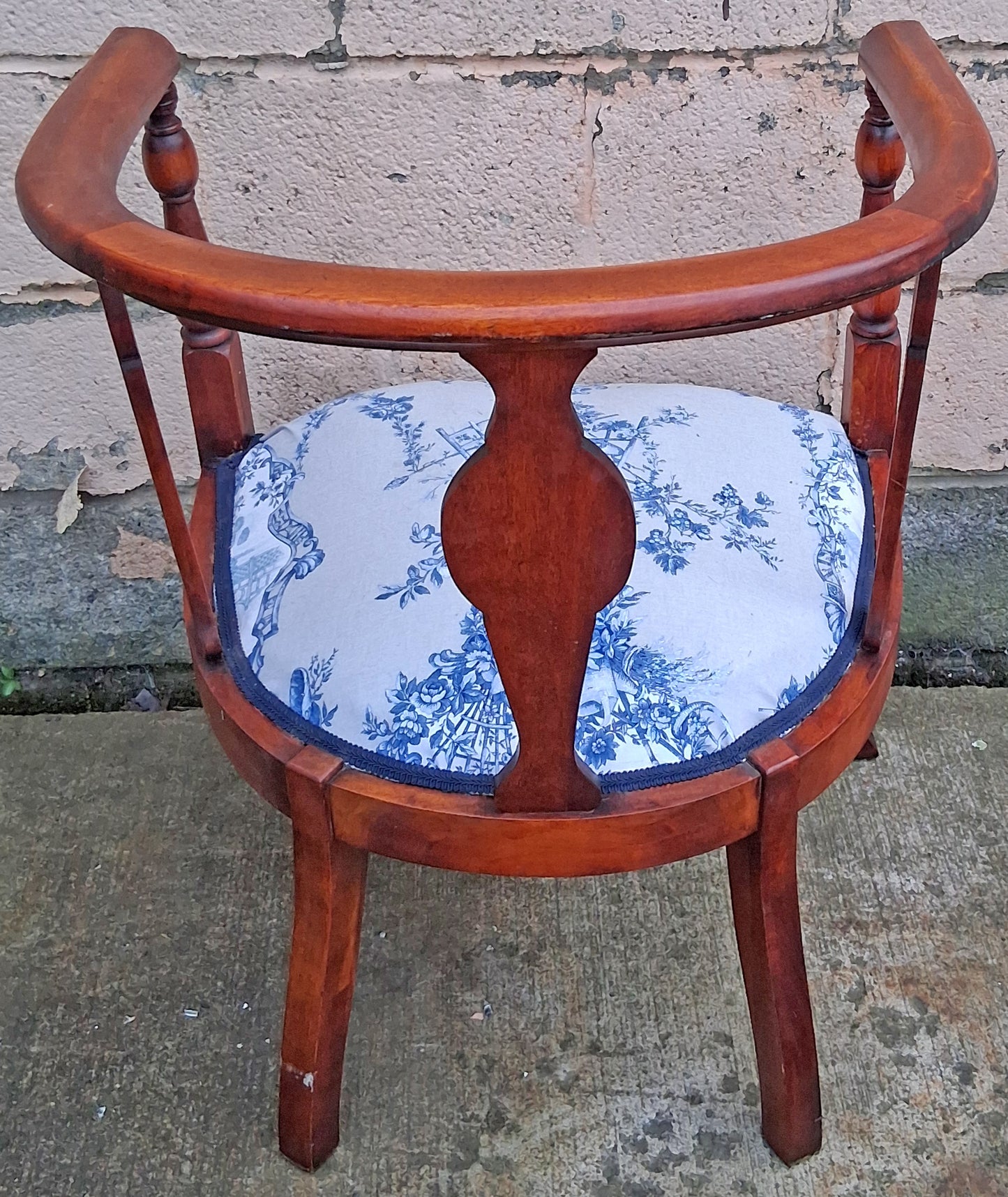 Pair Antique Vintage Old Reclaimed Salvaged Solid Mahogany Wood Wooden Barrel Club Foyer Dining Side Accent Armrest Armchairs Fabric Seats