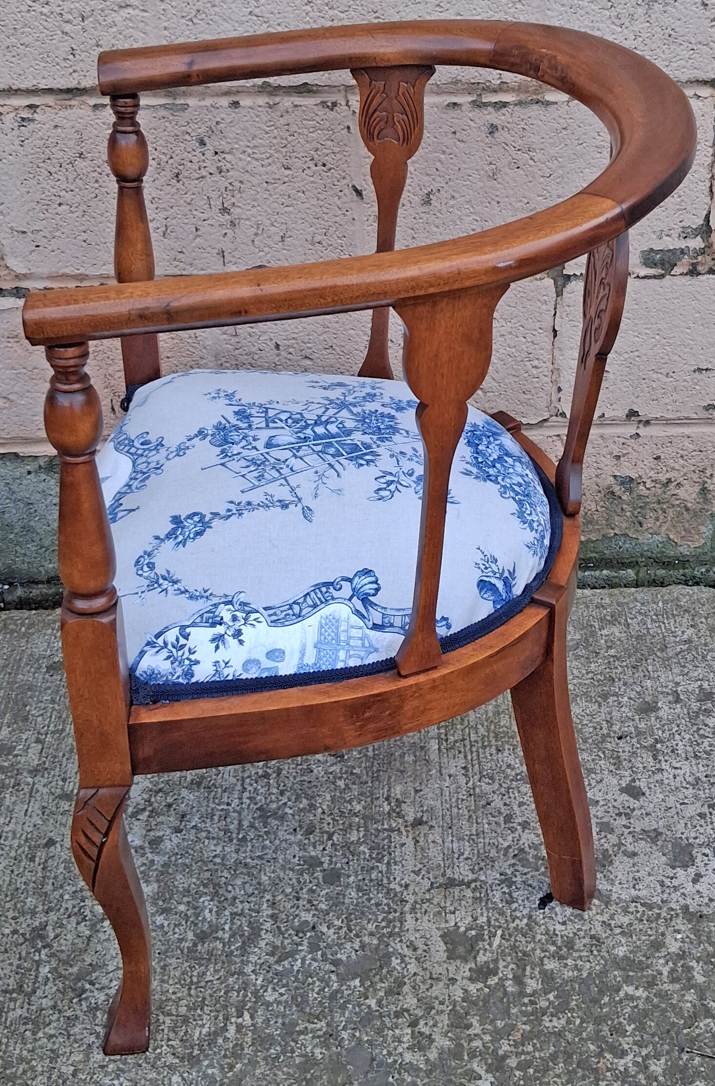 Pair Antique Vintage Old Reclaimed Salvaged Solid Mahogany Wood Wooden Barrel Club Foyer Dining Side Accent Armrest Armchairs Fabric Seats
