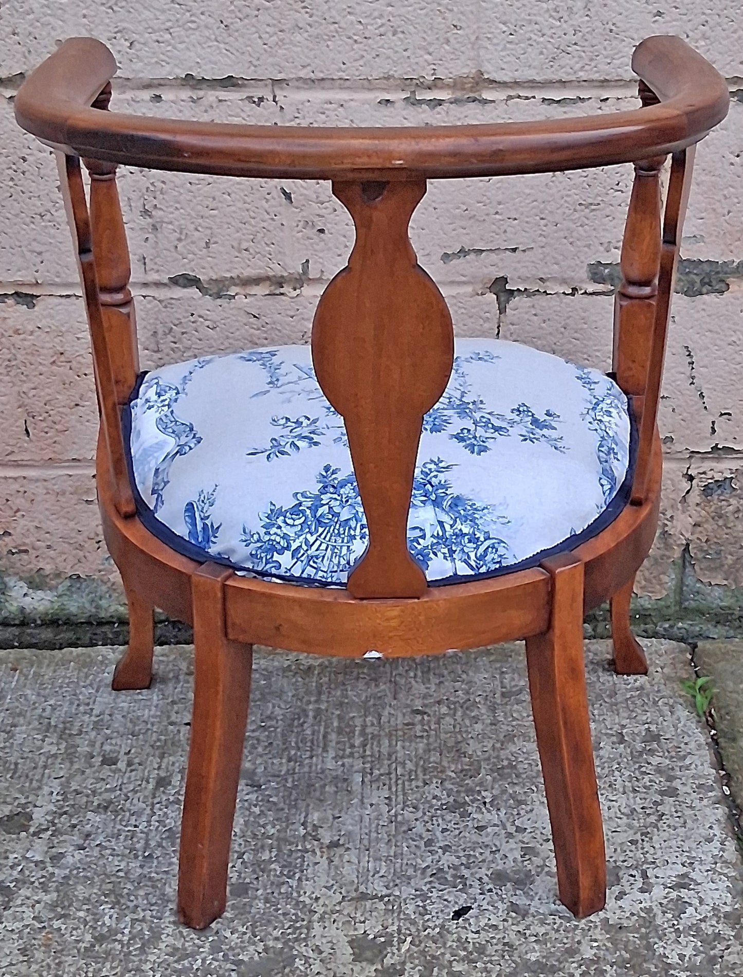 Pair Antique Vintage Old Reclaimed Salvaged Solid Mahogany Wood Wooden Barrel Club Foyer Dining Side Accent Armrest Armchairs Fabric Seats