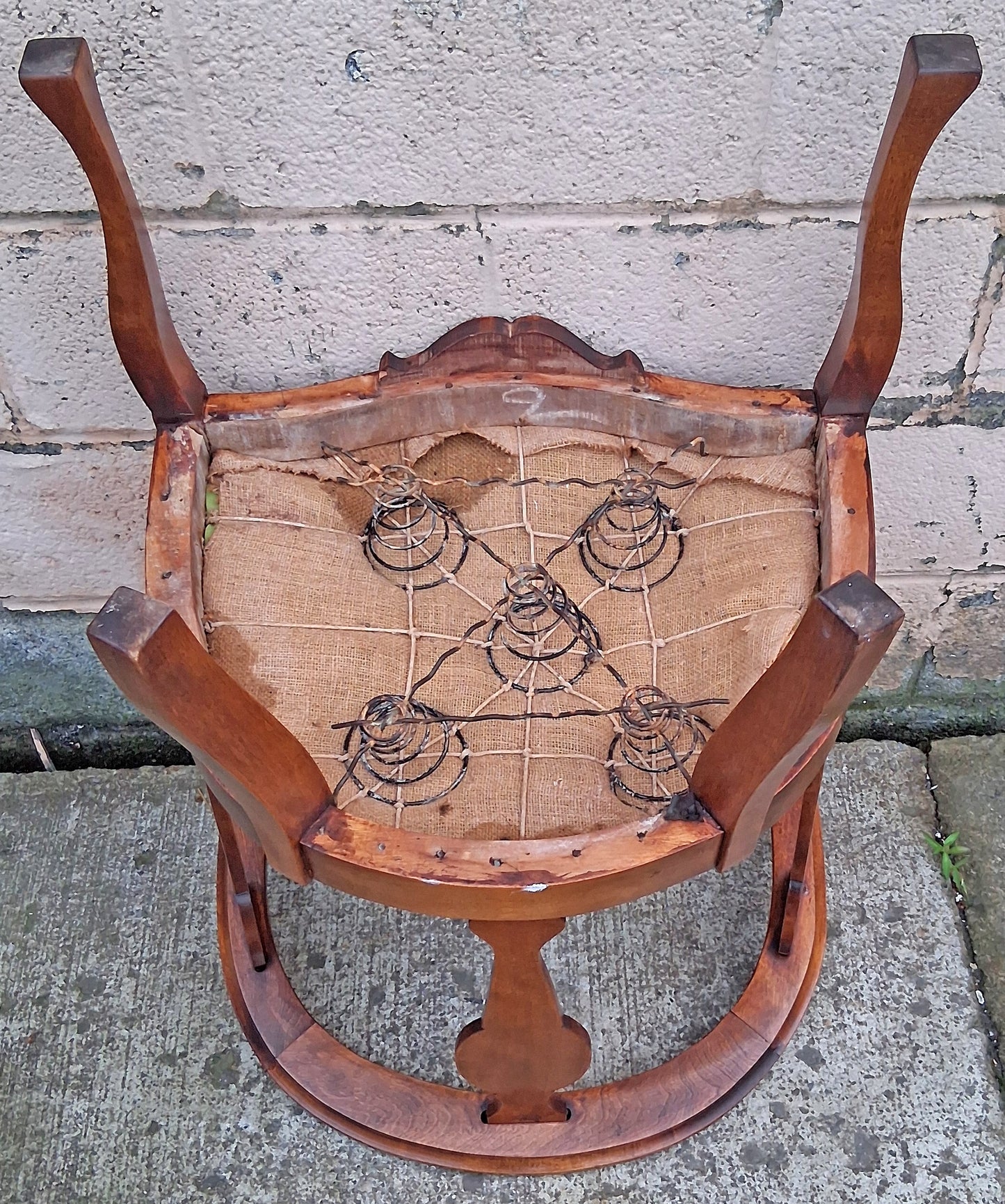 Pair Antique Vintage Old Reclaimed Salvaged Solid Mahogany Wood Wooden Barrel Club Foyer Dining Side Accent Armrest Armchairs Fabric Seats