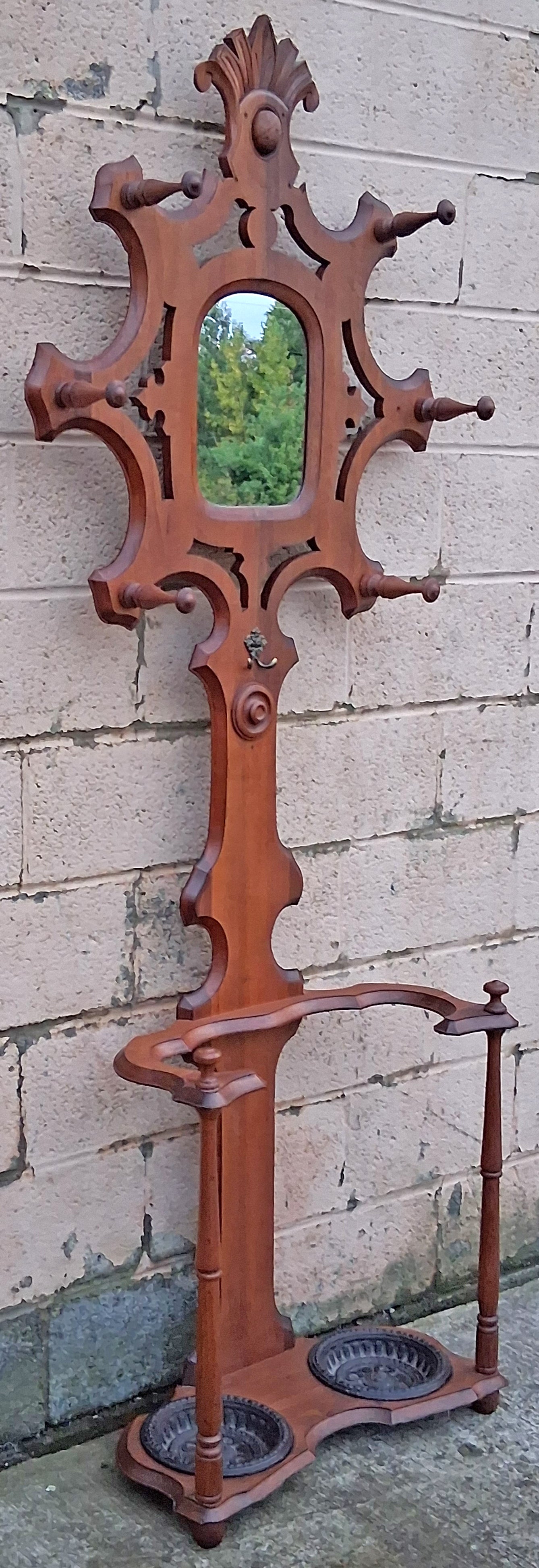 Antique Vintage Old Reclaimed Salvaged Victorian Eastlake SOLID Walnut Wood Wooden Hall Tree Coat Hanger Umbrella Stand Rack Hook Mirror