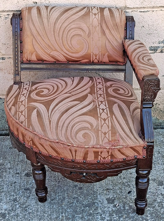 Antique Vintage Old Reclaimed Salvaged Victorian Eastlake Solid Wood Wooden Corner Side Accent Lounge Seat Ladies One Armed Chair Armchair