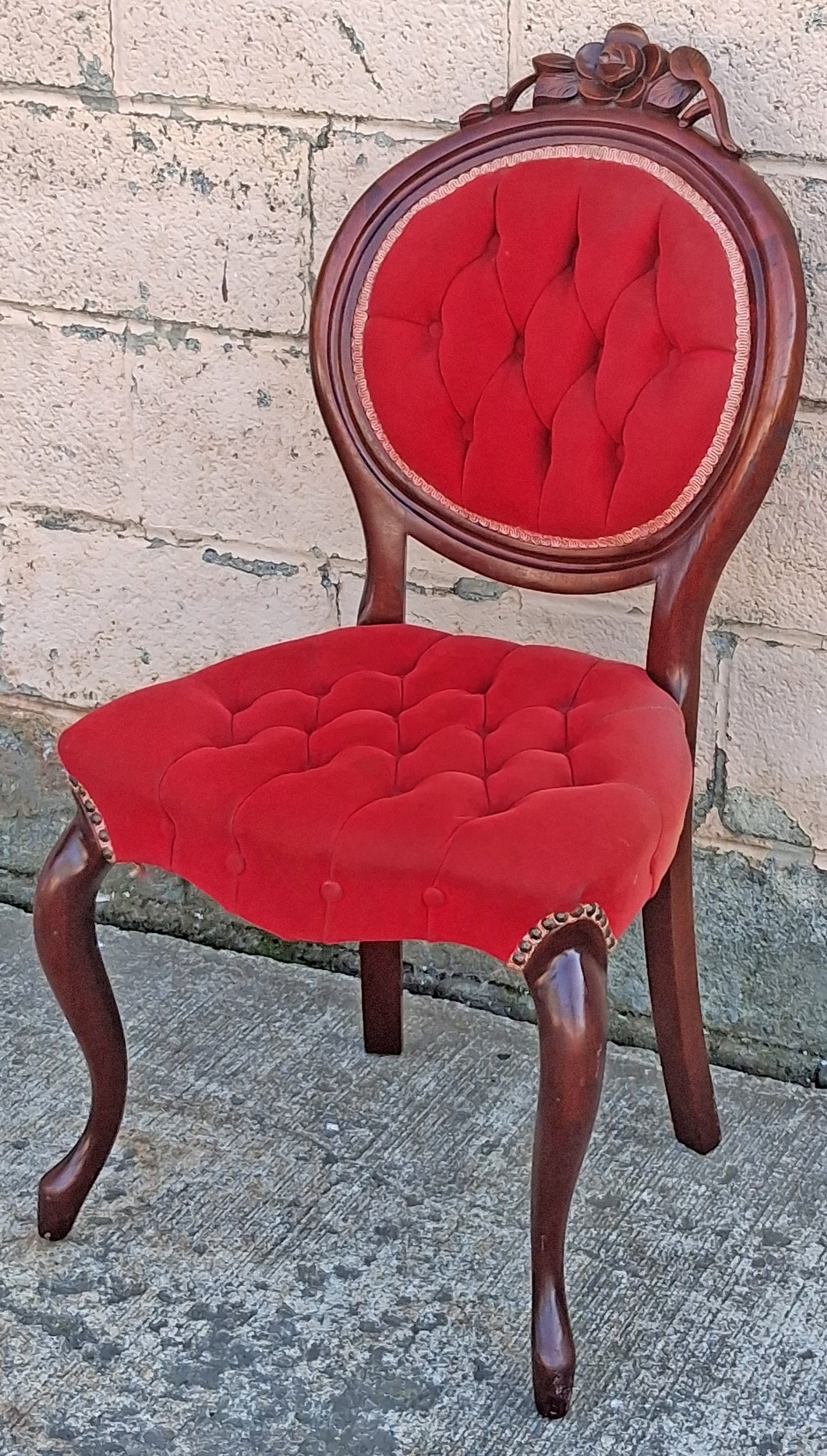 Antique Vintage Old Victorian Solid Wood Wooden Wooden Side Dining Lounge Accent Chair Upholstered Upholstery Tufted Red Fabric Seat