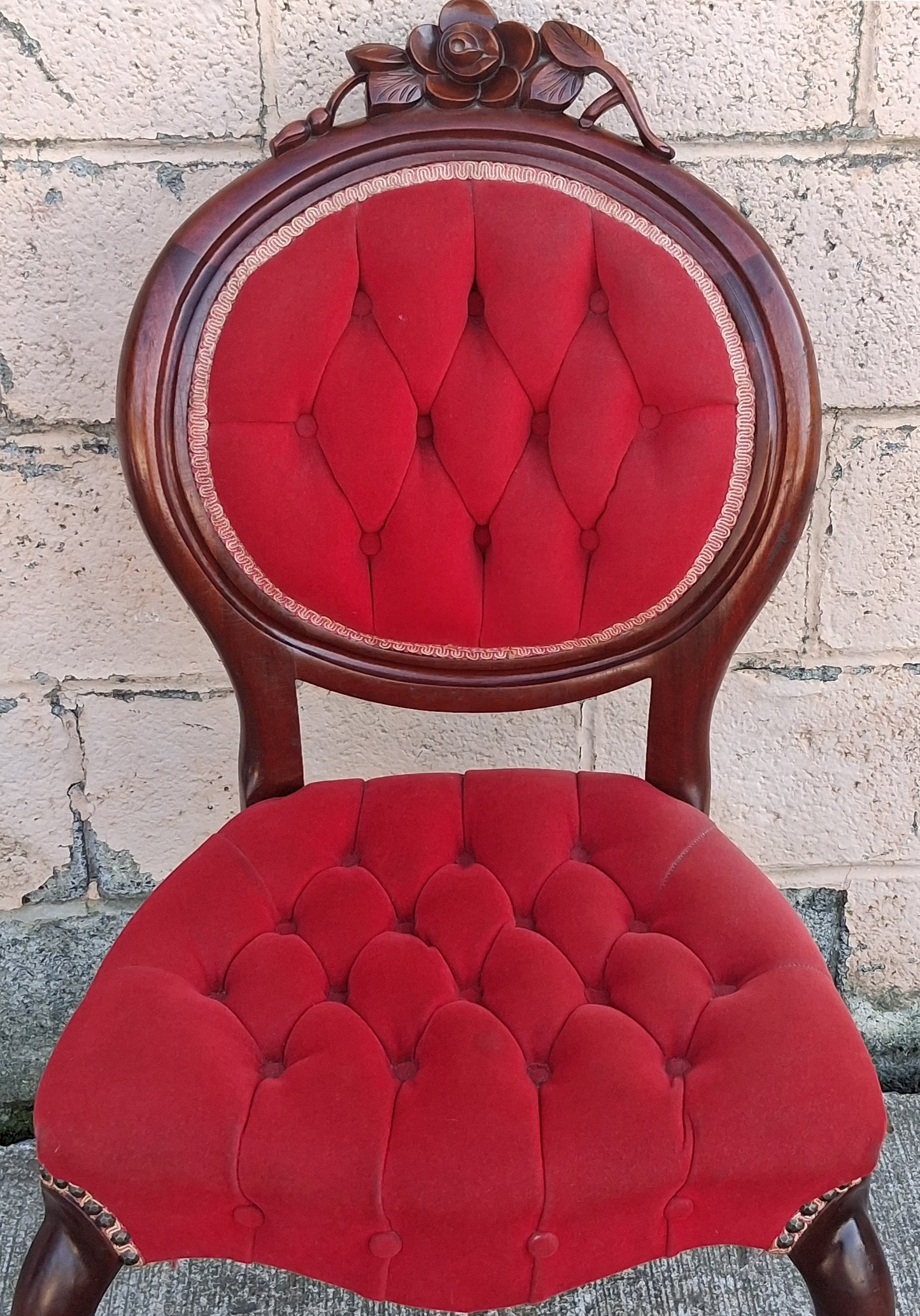 Antique Vintage Old Victorian Solid Wood Wooden Wooden Side Dining Lounge Accent Chair Upholstered Upholstery Tufted Red Fabric Seat