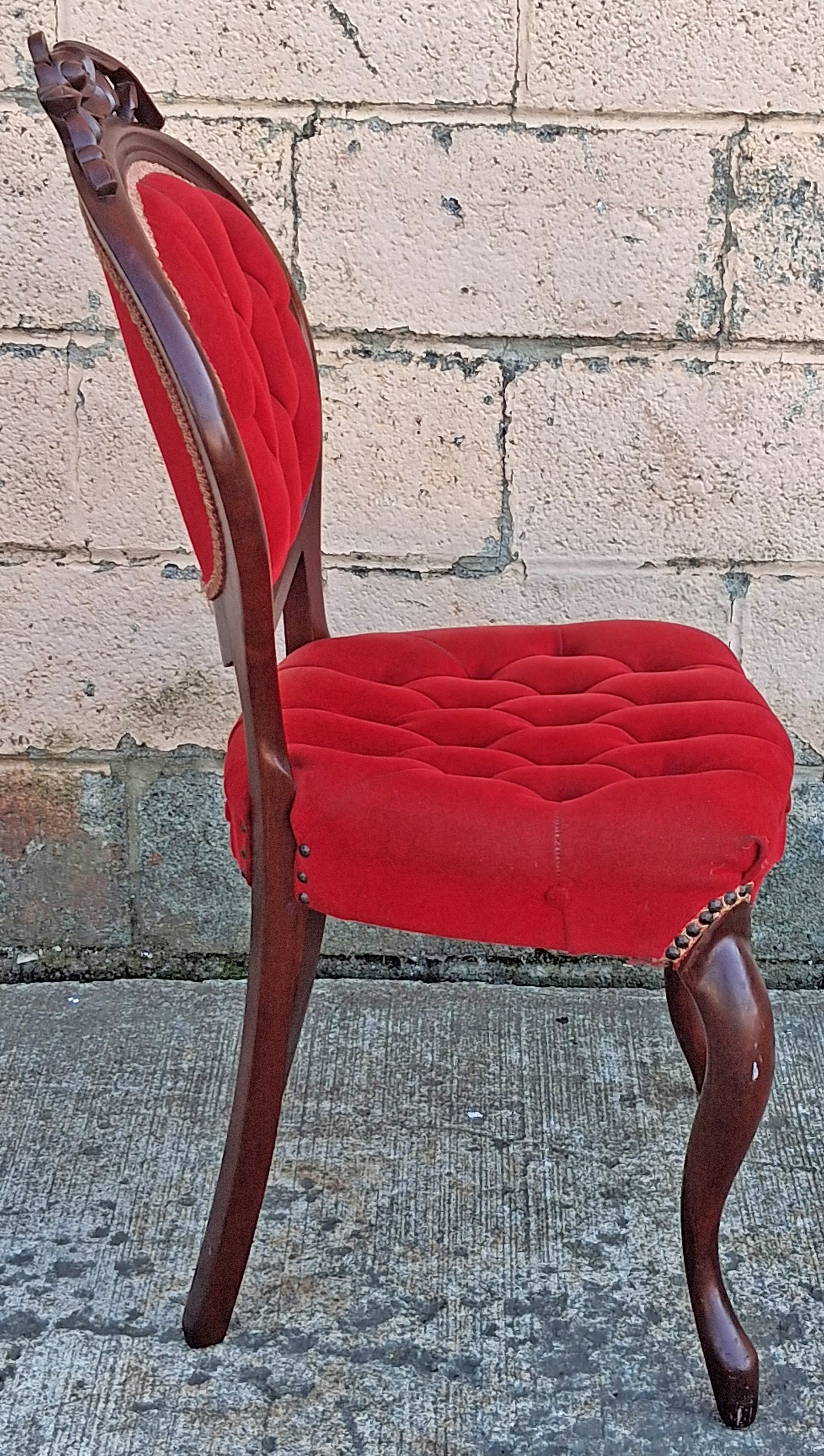 Antique Vintage Old Victorian Solid Wood Wooden Wooden Side Dining Lounge Accent Chair Upholstered Upholstery Tufted Red Fabric Seat