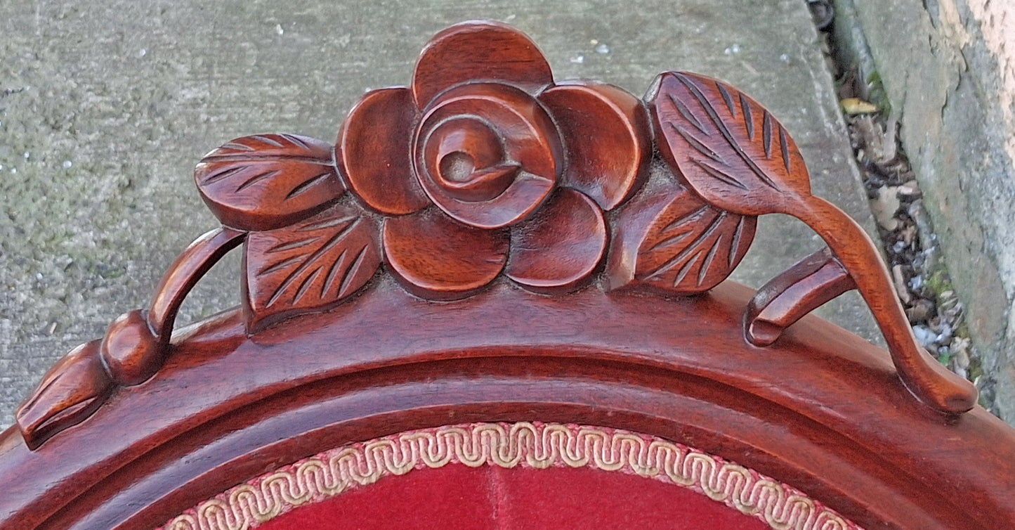 Antique Vintage Old Victorian Solid Wood Wooden Wooden Side Dining Lounge Accent Chair Upholstered Upholstery Tufted Red Fabric Seat