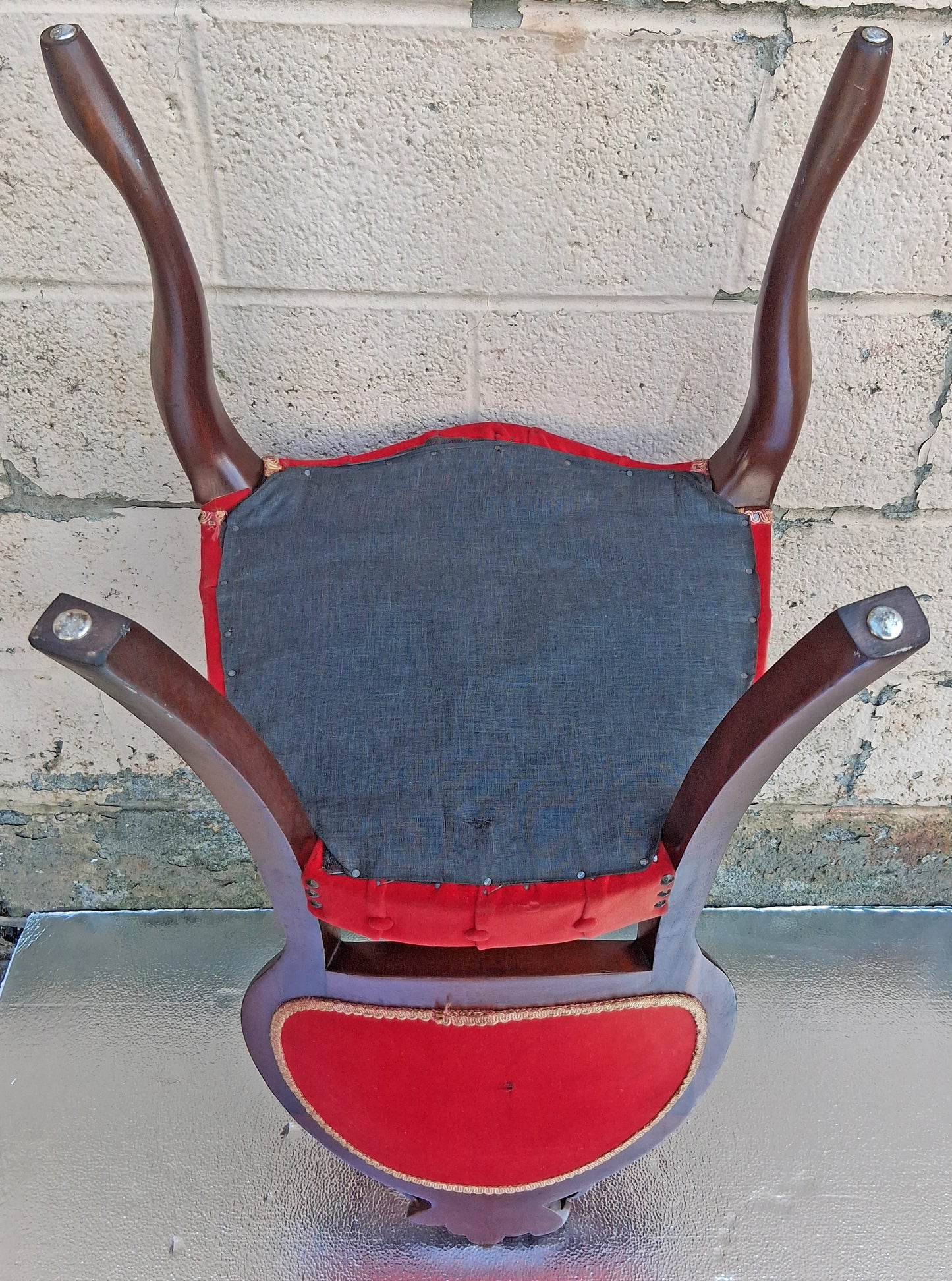 Antique Vintage Old Victorian Solid Wood Wooden Wooden Side Dining Lounge Accent Chair Upholstered Upholstery Tufted Red Fabric Seat