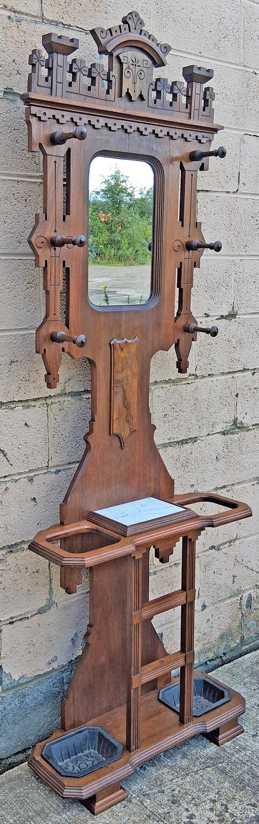 Antique Vintage Old Reclaimed Salvaged Victorian Eastlake SOLID Walnut Wooden Marble Hall Tree Coat Hanger Umbrella Stand Rack Hook Mirror