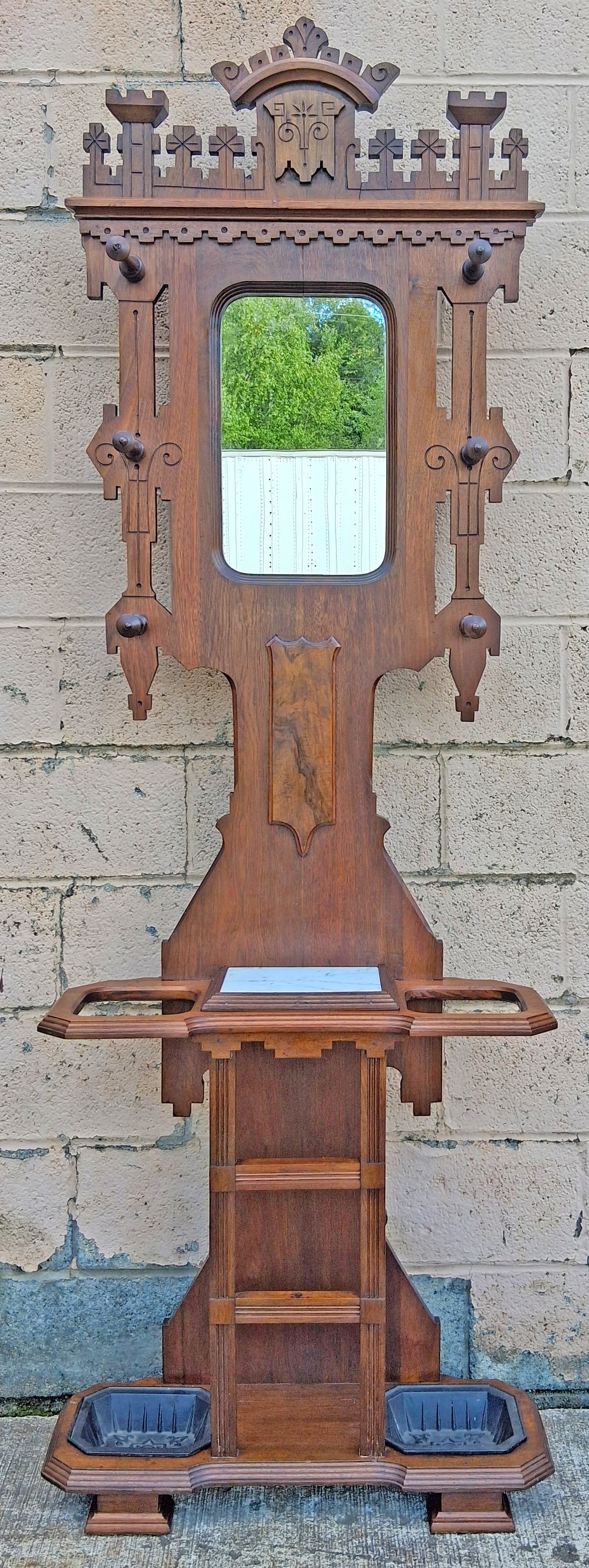 Antique Vintage Old Reclaimed Salvaged Victorian Eastlake SOLID Walnut Wooden Marble Hall Tree Coat Hanger Umbrella Stand Rack Hook Mirror