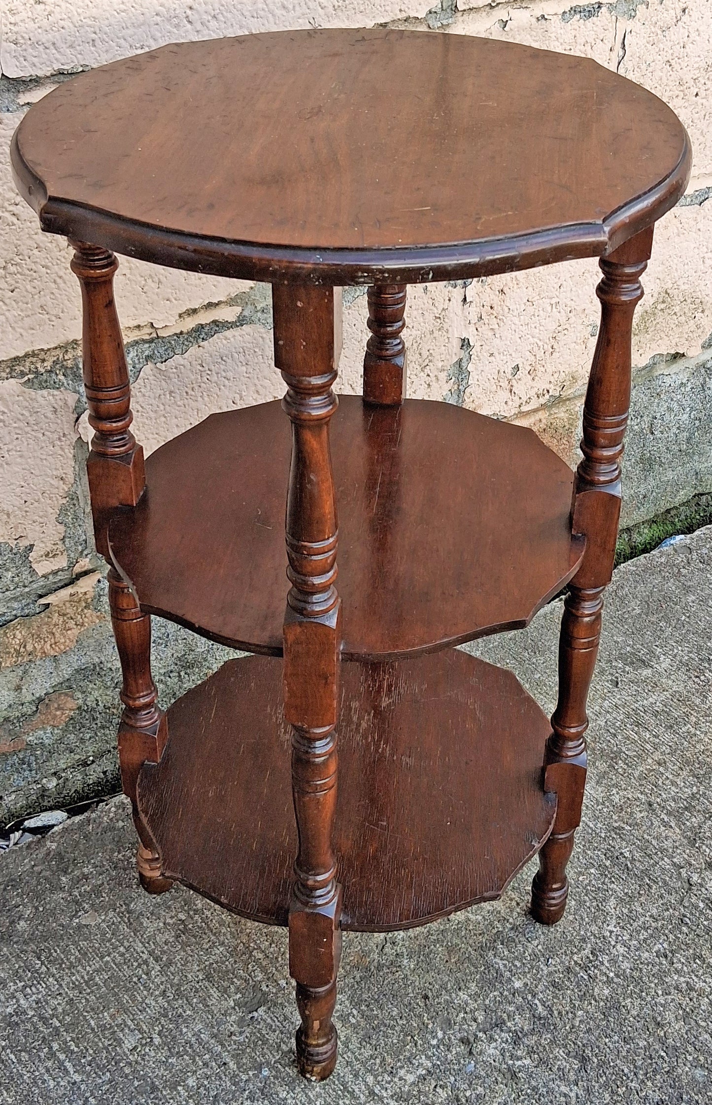Antique Vintage Old Reclaimed Salvaged SOLID Wood Wooden 3 TIER Tiered Round Serpentine Circle Circular End Side Sofa Accent Table