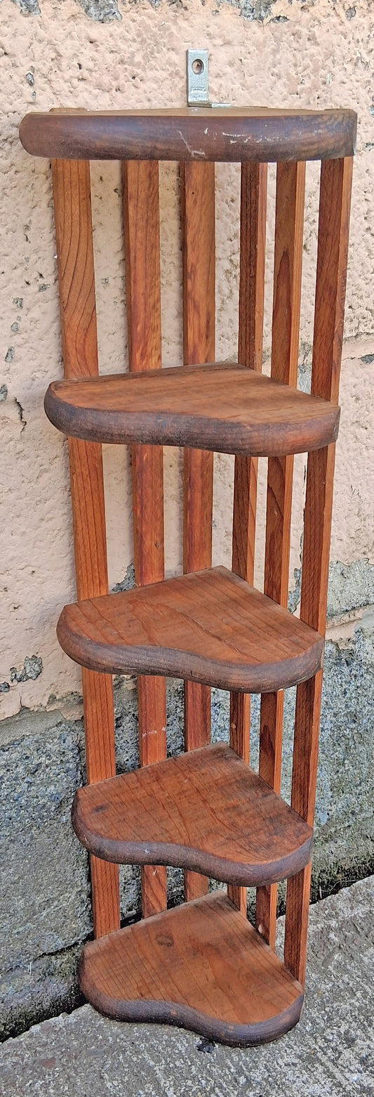 Vintage Antique Old Handmade SOLID Wood Wooden Arts & Crafts 5 Tier Tiered Heart Shaped Corner Accent Decor Knick Knacks Wall Shelf