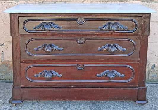 Antique Vintage Old Victorian Eastlake Style Reclaimed Salvaged Solid Wood Wooden Marble Top Slab Dresser Server Chest of Drawers