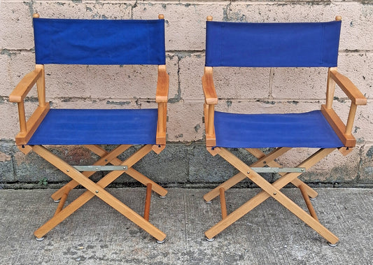 Pair of Vintage Antique Reclaimed Salvaged MCM Mid Century SOLID Wood Wooden Fabric Folding Foldable Portable Commander Director Chair Seat