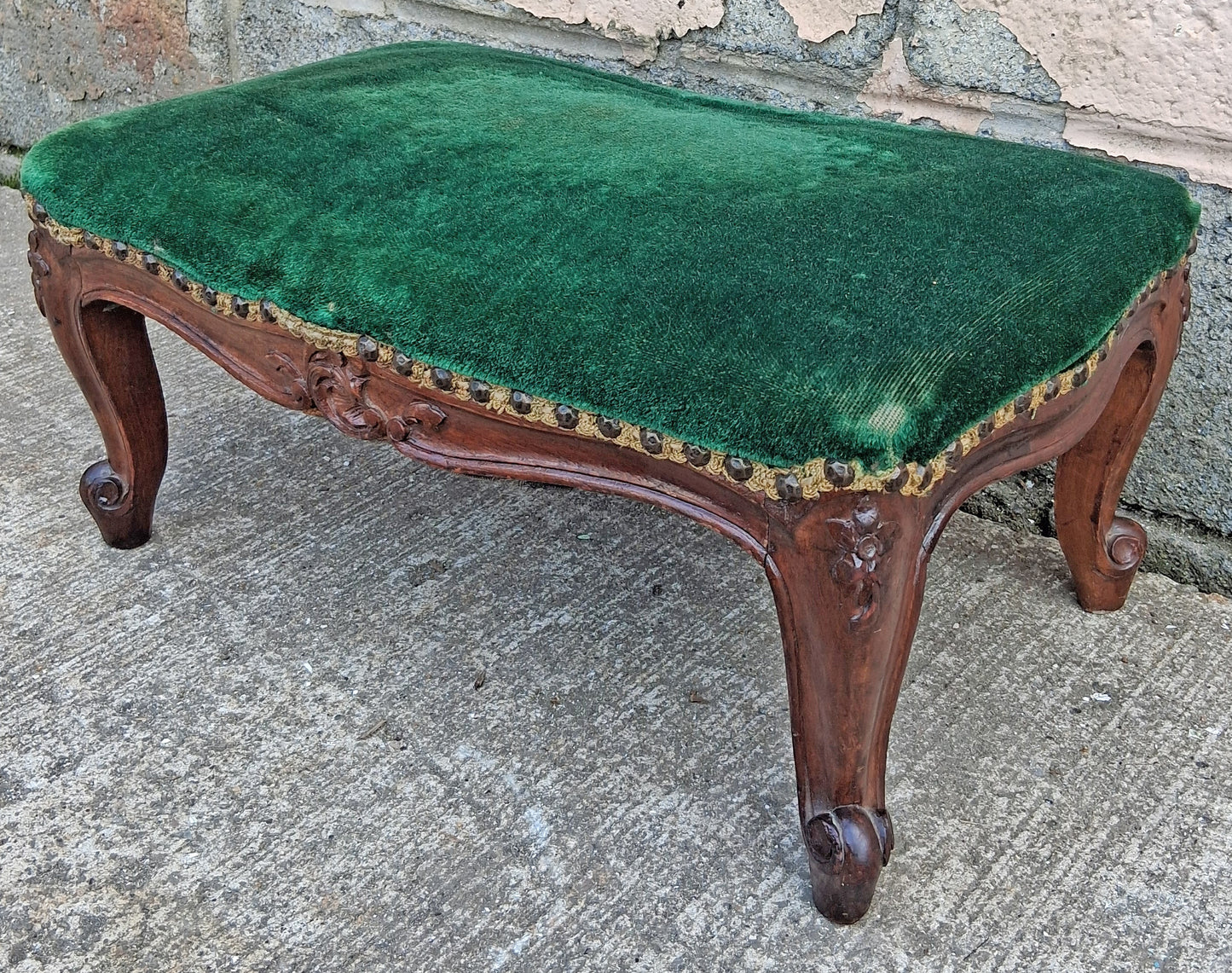 Antique Vintage Old Victorian SOLID Wood Wooden Kneeling Bench Foot Stool Ottoman Plant Stand Green Solid Pattern Fabric