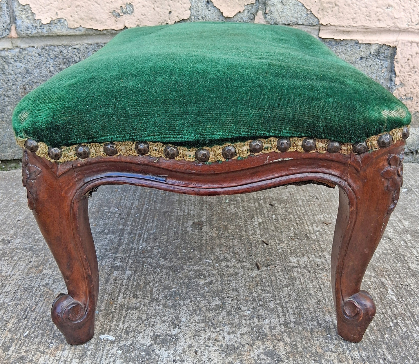 Antique Vintage Old Victorian SOLID Wood Wooden Kneeling Bench Foot Stool Ottoman Plant Stand Green Solid Pattern Fabric