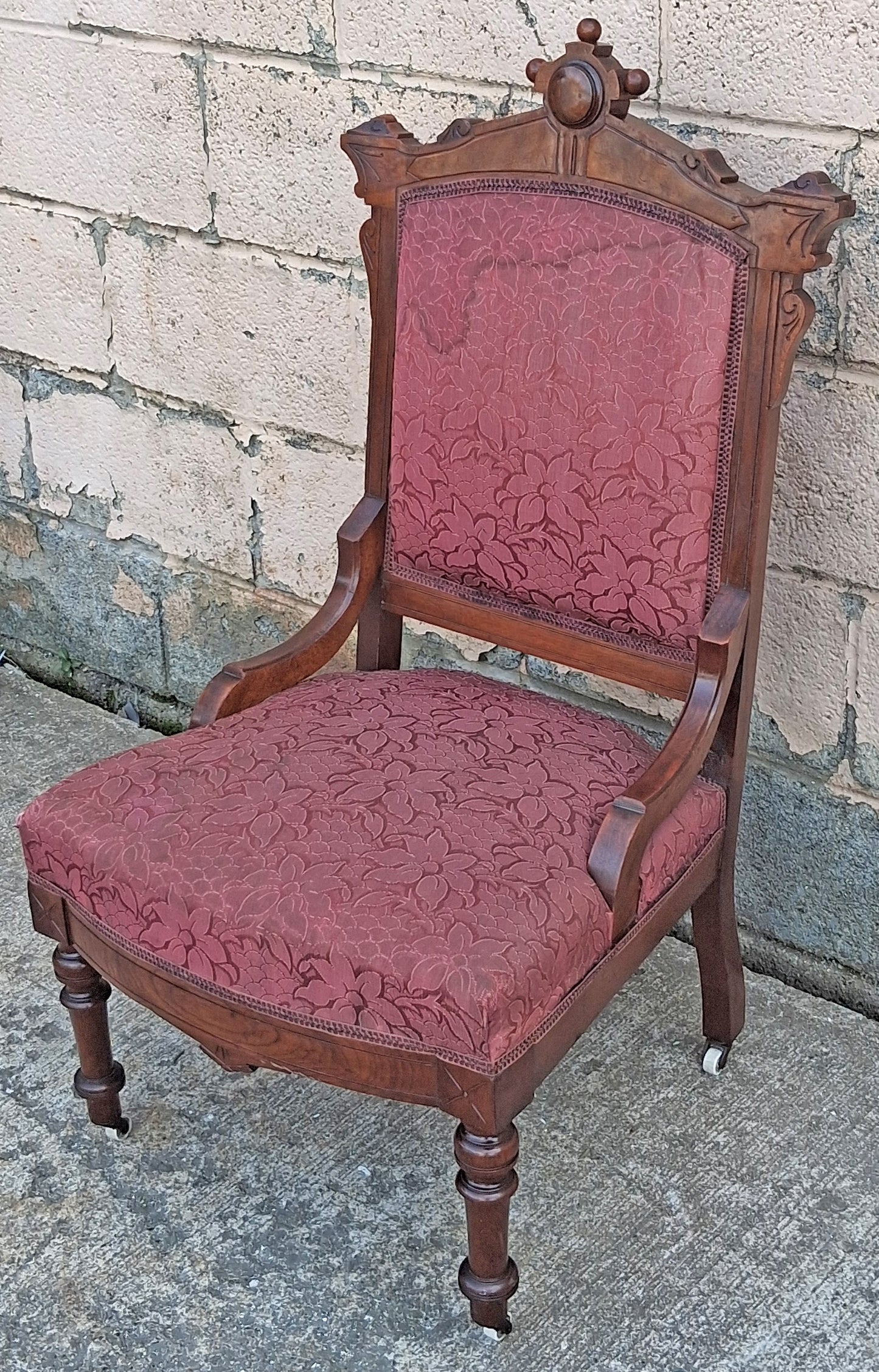 Antique Vintage Old Carved Reclaimed Salvaged Eastlake Victorian SOLID Wood Wooden Side Dining Accent Chair Purple Red Fabric Casters