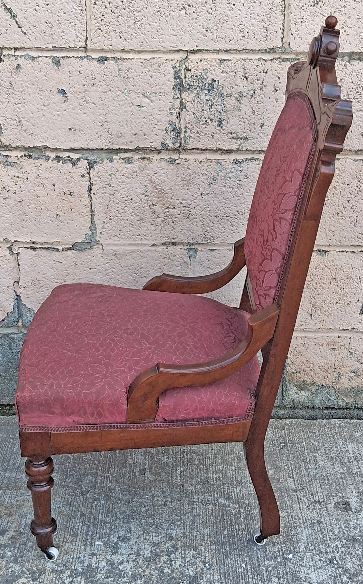 Antique Vintage Old Carved Reclaimed Salvaged Eastlake Victorian SOLID Wood Wooden Side Dining Accent Chair Purple Red Fabric Casters