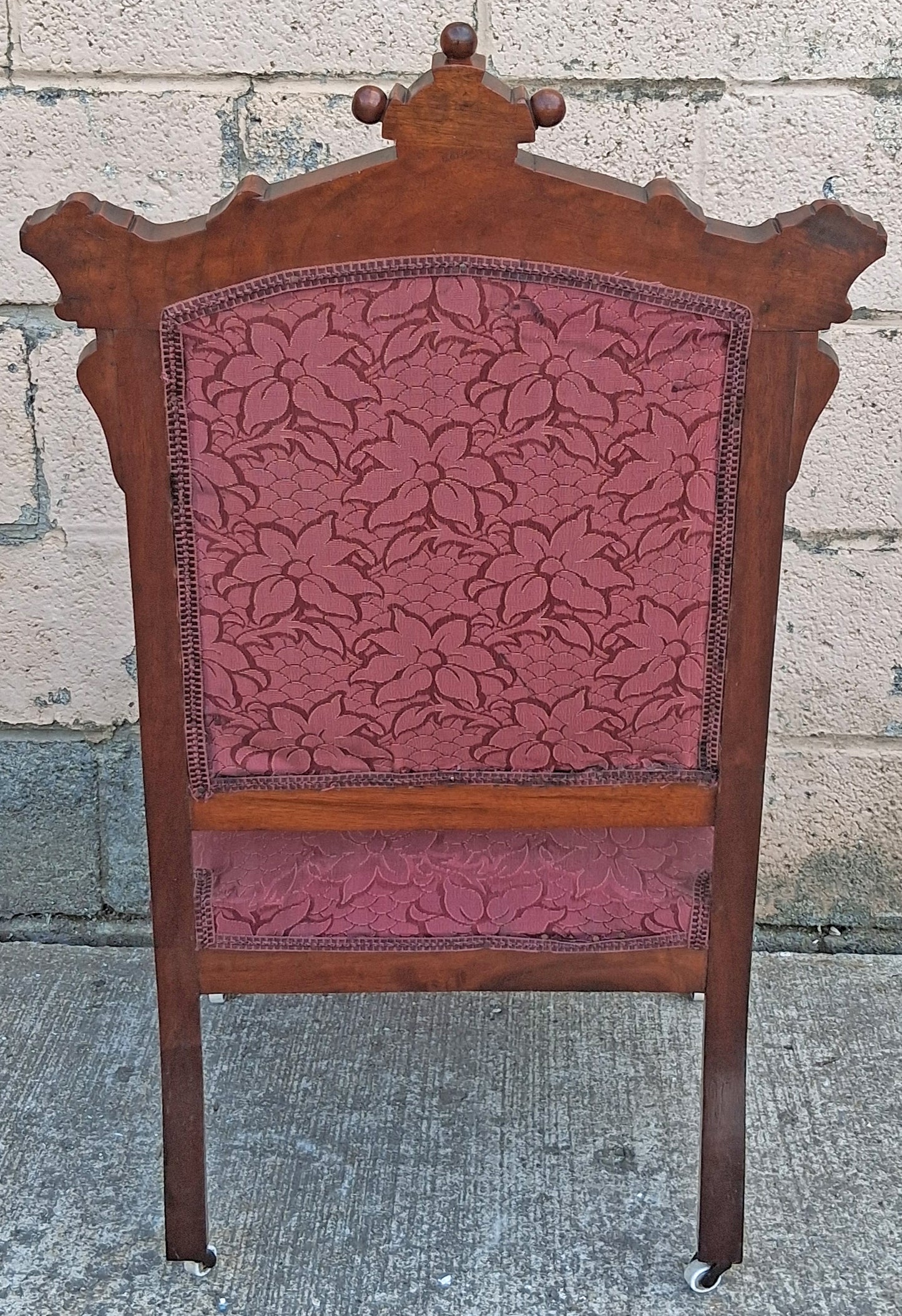 Antique Vintage Old Carved Reclaimed Salvaged Eastlake Victorian SOLID Wood Wooden Side Dining Accent Chair Purple Red Fabric Casters