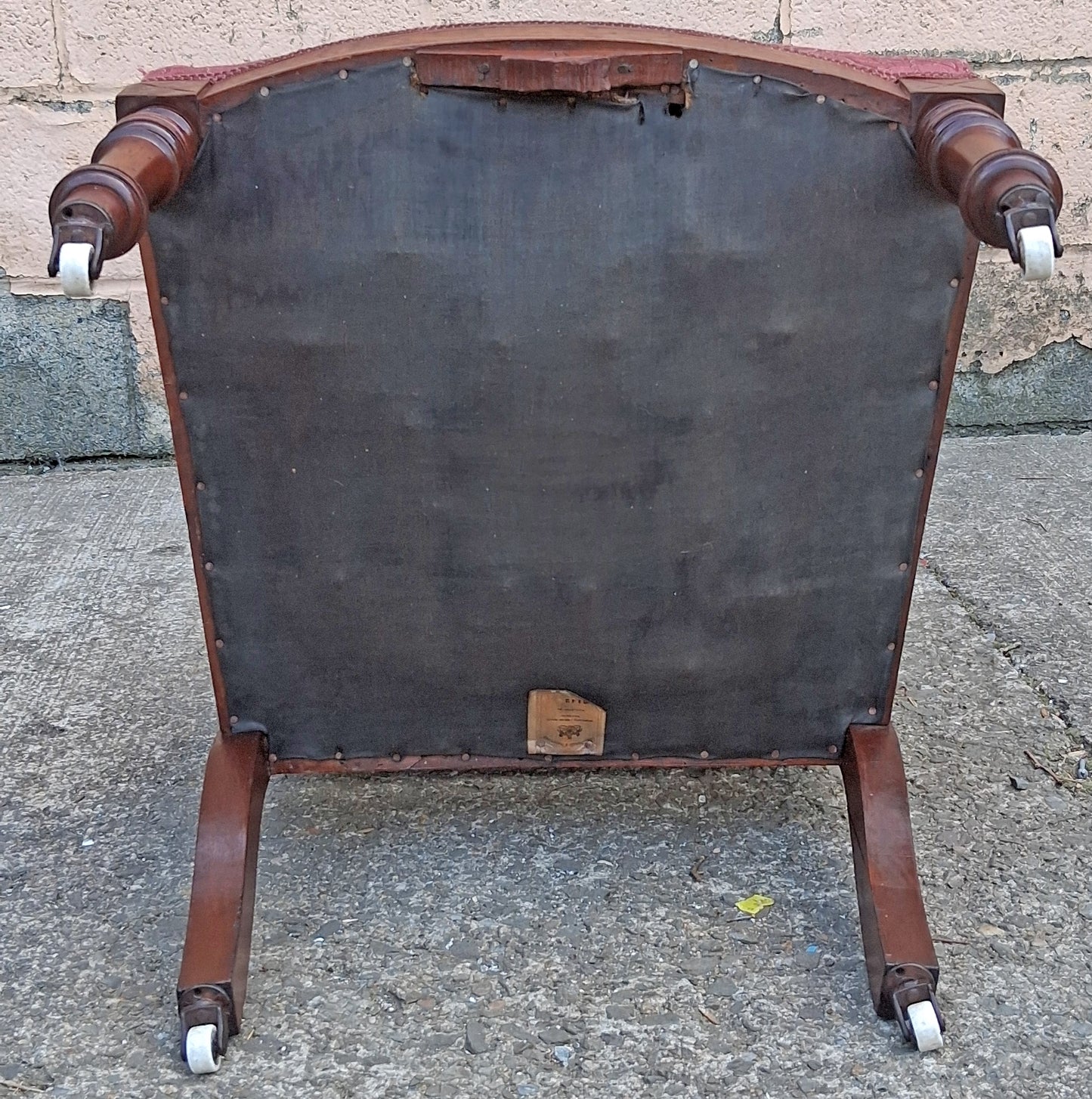 Antique Vintage Old Carved Reclaimed Salvaged Eastlake Victorian SOLID Wood Wooden Side Dining Accent Chair Purple Red Fabric Casters