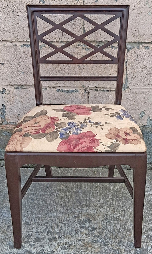 Antique Vintage Old Chippendale SOLID Wood Wooden Carved Side Trellis Lattice Back Dining Accent Desk Chair Floral Fabric Seat