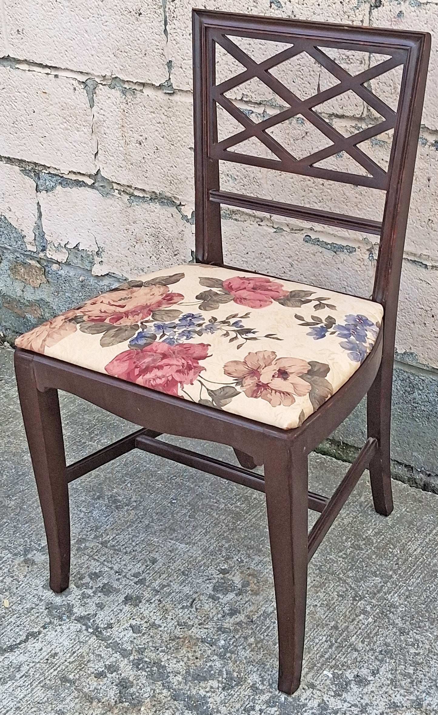 Antique Vintage Old Chippendale SOLID Wood Wooden Carved Side Trellis Lattice Back Dining Accent Desk Chair Floral Fabric Seat