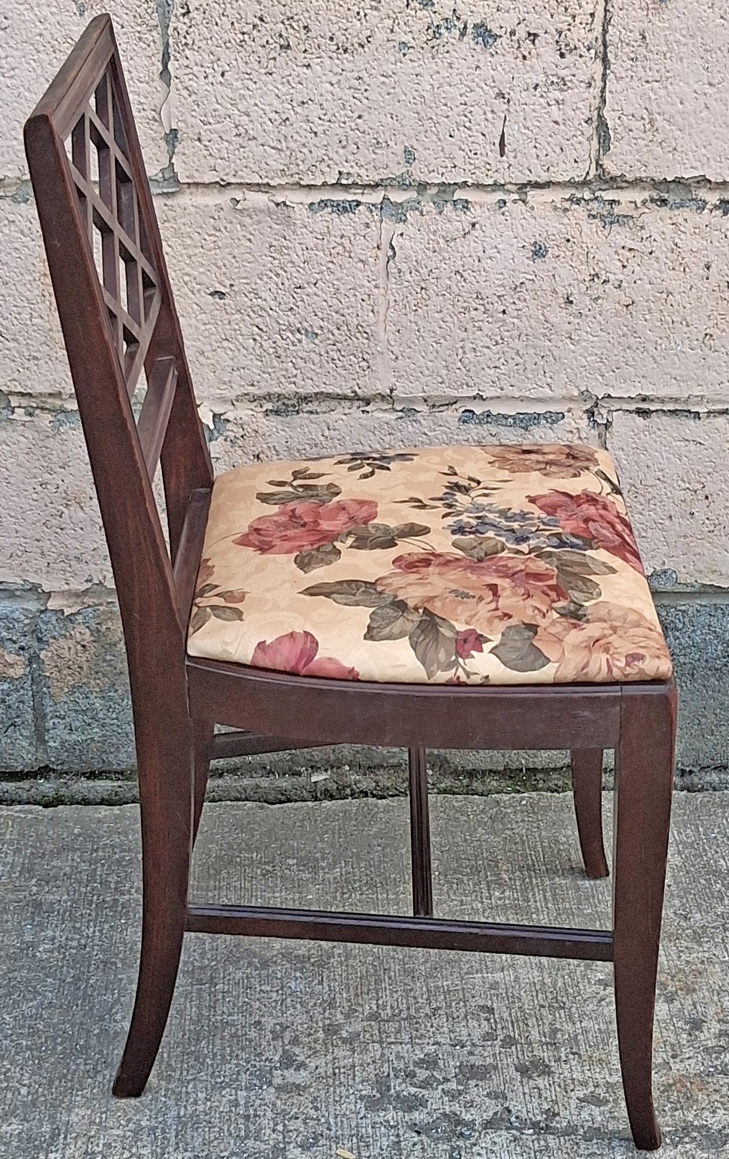 Antique Vintage Old Chippendale SOLID Wood Wooden Carved Side Trellis Lattice Back Dining Accent Desk Chair Floral Fabric Seat