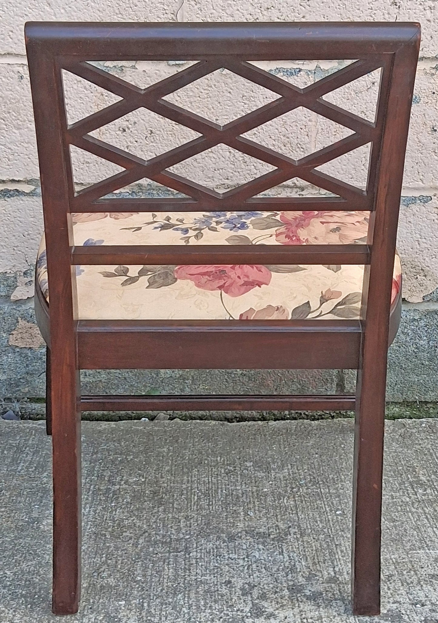 Antique Vintage Old Chippendale SOLID Wood Wooden Carved Side Trellis Lattice Back Dining Accent Desk Chair Floral Fabric Seat