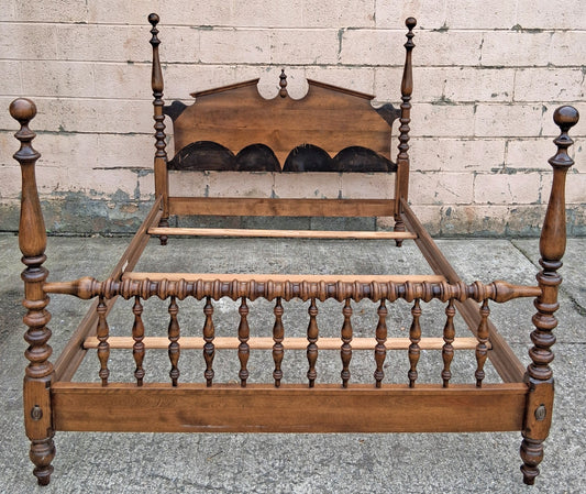 Vintage Antique Old Reclaimed Salvaged Ethan Allen Colonial Style SOLID Birch Wood Wooden Full Sized Poster Spool Bed Frame Head Foot Board