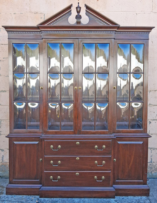 Vintage Antique Old Reclaimed Salvaged Ethan Allen Colonial Chippendale Birch Wooden Bubble Glass Breakfront Display Curio China Cabinet