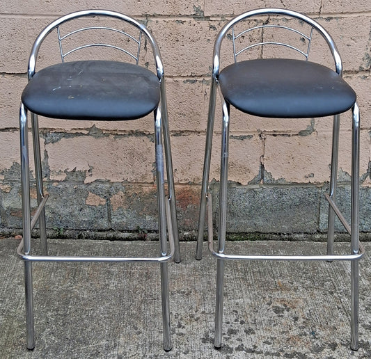 Pair of Vintage Old Reclaimed Salvaged Stackable Stacking Modern Chrome Counter Bar Dining Chairs Seat Stool Vinyl Upholstery Fabric