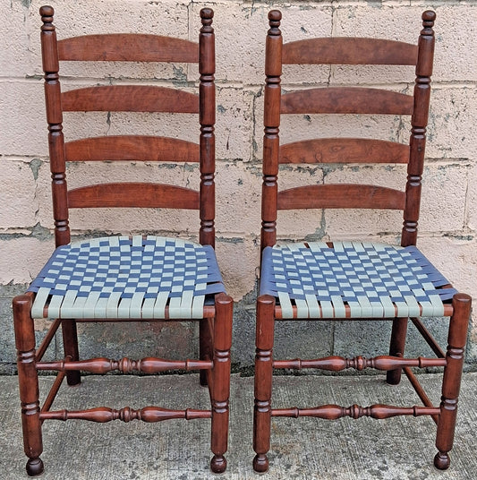 Pair Antique Vintage Old Reclaimed Salvaged Colonial SOLID Maple Wood Wooden Ladder Back Side Dining Accent Chair Shaker Tape Woven Seats