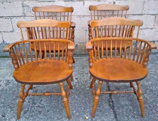 Set of 4 Antique Vintage Old Reclaimed Salvaged Bent & Bros Solid Maple Wood Wooden Captain Comb Back Dining Side Accent Arm Chair Armchairs