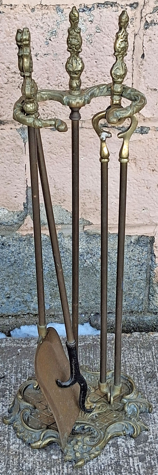3pc Set Vintage Art Nouveau Old Reclaimed Salvaged Solid Brass Fireplace Tools Poker Shovel Tongs Stand Holder Decorative Design