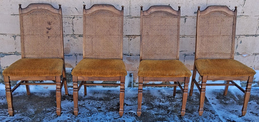Set of Vintage Antique Old Reclaimed Salvaged Mid Century Modern Caned Back SOLID Wood Wooden Dining Side Accent Chairs Fabric Seats