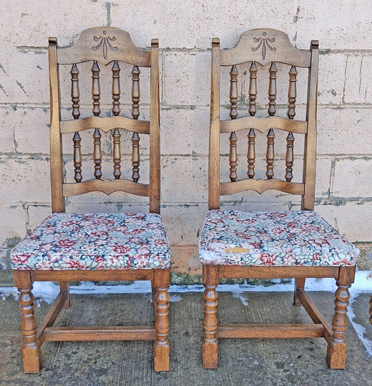Pair Vintage Antique Mid Century Colonial Old Reclaimed Salvaged SOLID Wood Wooden Side Dining Accent Chairs Floral Fabric Upholstered Seats