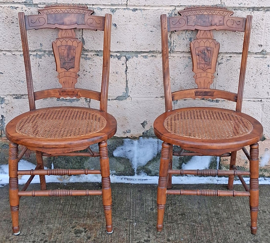 Pair of Antique Vintage Old Victorian Eastlake Reclaimed Salvaged SOLID Walnut Wood Wooden Side Dining Accent Lounge Chairs Caned Seat