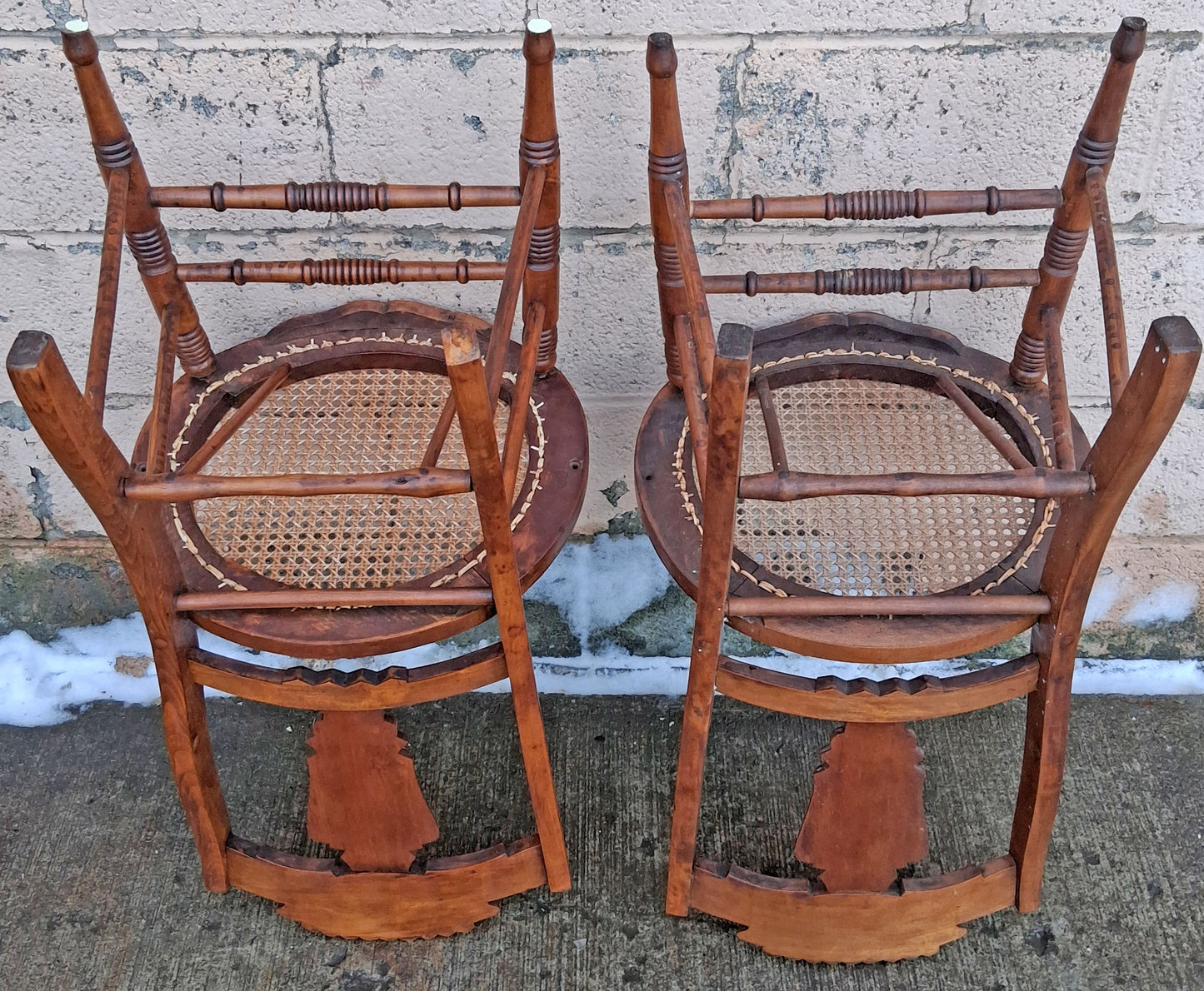 Pair of Antique Vintage Old Victorian Eastlake Reclaimed Salvaged SOLID Walnut Wood Wooden Side Dining Accent Lounge Chairs Caned Seat