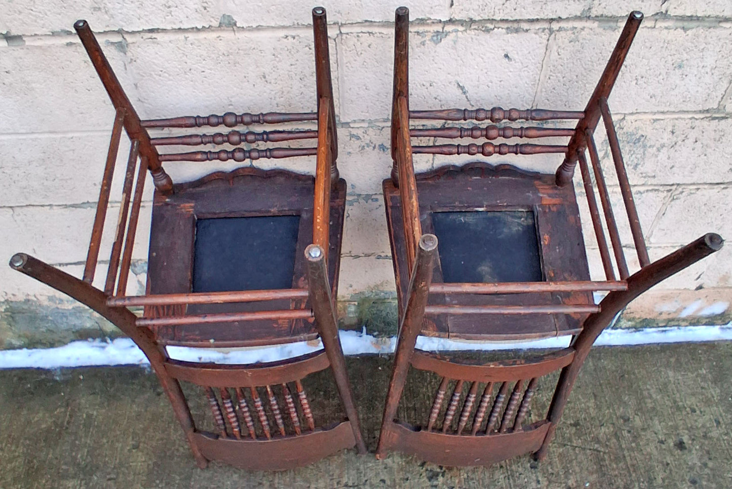 Pair of Antique Vintage Old Victorian Reclaimed Salvaged SOLID Oak Wood Wooden Press Back Side Dining Accent Lounge Chairs Upholstered Seat