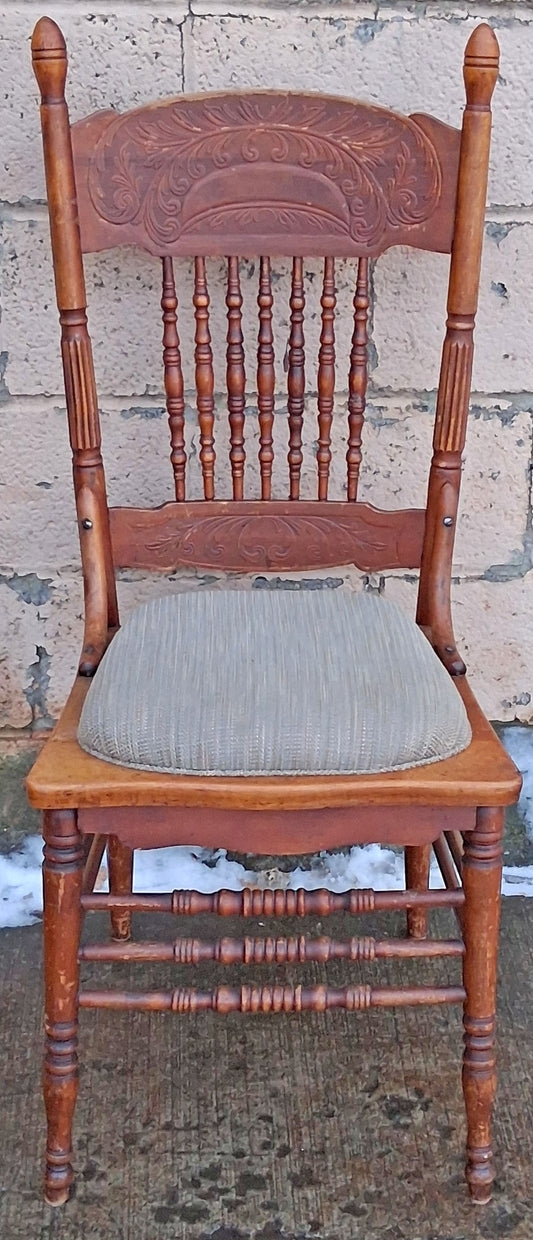 Antique Vintage Old Victorian Reclaimed Salvaged SOLID Maple Birch Wood Wooden Press Back Side Dining Accent Lounge Chair Upholstered Seat