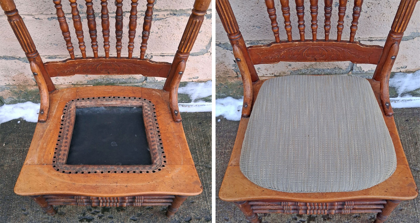 Antique Vintage Old Victorian Reclaimed Salvaged SOLID Maple Birch Wood Wooden Press Back Side Dining Accent Lounge Chair Upholstered Seat