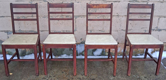 Set of 4 Antique Vintage Old Reclaimed Salvaged Country Farmhouse Traditional Colonial SOLID Wood Wooden Dining Side Accent Chairs Vinyl Seats