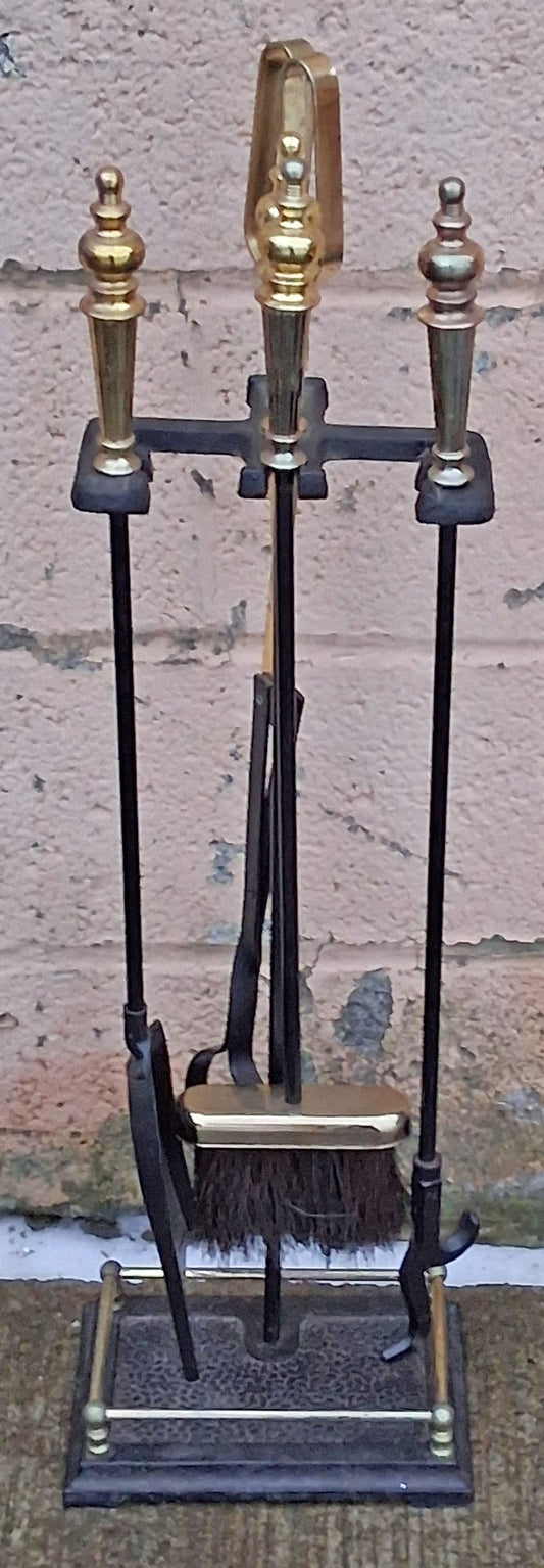 4pc Set Vintage Reclaimed Salvaged Solid Iron Brass Accents Fireplace Tools Poker Shovel Tongs Broom Brush Stand Holder Decorative Design