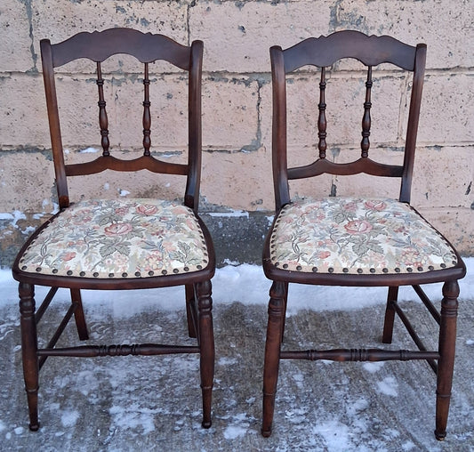Pair of Antique Vintage Old Reclaimed Salvaged Solid Hardwood Wooden Dining Side Accent Floral Fabric Seats