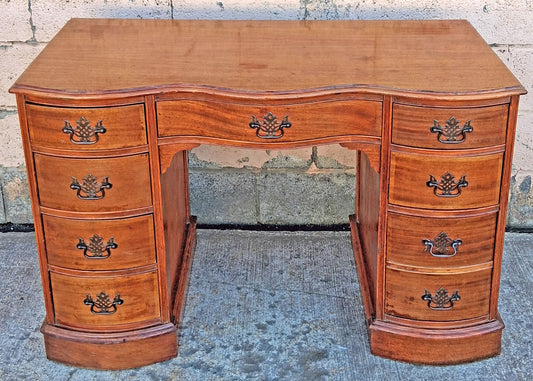 Antique Vintage Old Reclaimed Salvaged Regency Solid Wood Wooden Twin Pedestal Serpentine Writing Office Studio Bureau Desk Kneehole Vanity