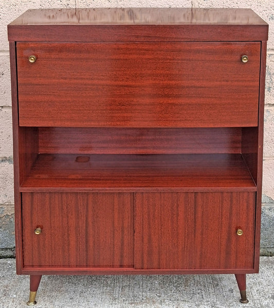 Vintage Mid Century Modern Drop Front Secretary Desk Bar Cabinet Sliding Doors Tapered Peg Legs Retro Small Space Writing Bureau Home Office