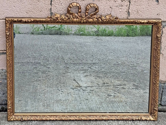 Vintage Antique French Louis XVI Bow Ribbon Crest Horizontal Wall Mirror Ornate Gilded Entryway Vanity Glass Decorative Cottage Decor