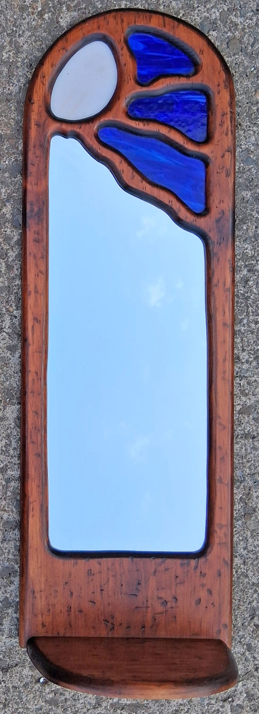 Vintage Antique Handcrafted Farmhouse Wood Wooden Accent Wall Mirror Cobalt Blue Stained Inlay Glass Boho Entryway Wall Decor Sconce Shelf
